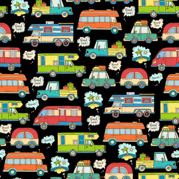 Vector seamless pattern with hand drawn colored cars on black color. Pattern on the theme of travel and tourism, house on wheels — Stock Vector