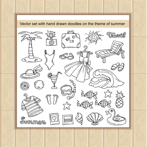 Vector set met hand getrokken doodles rond het thema zomer, recreatie, reizen en toerisme — Stockvector