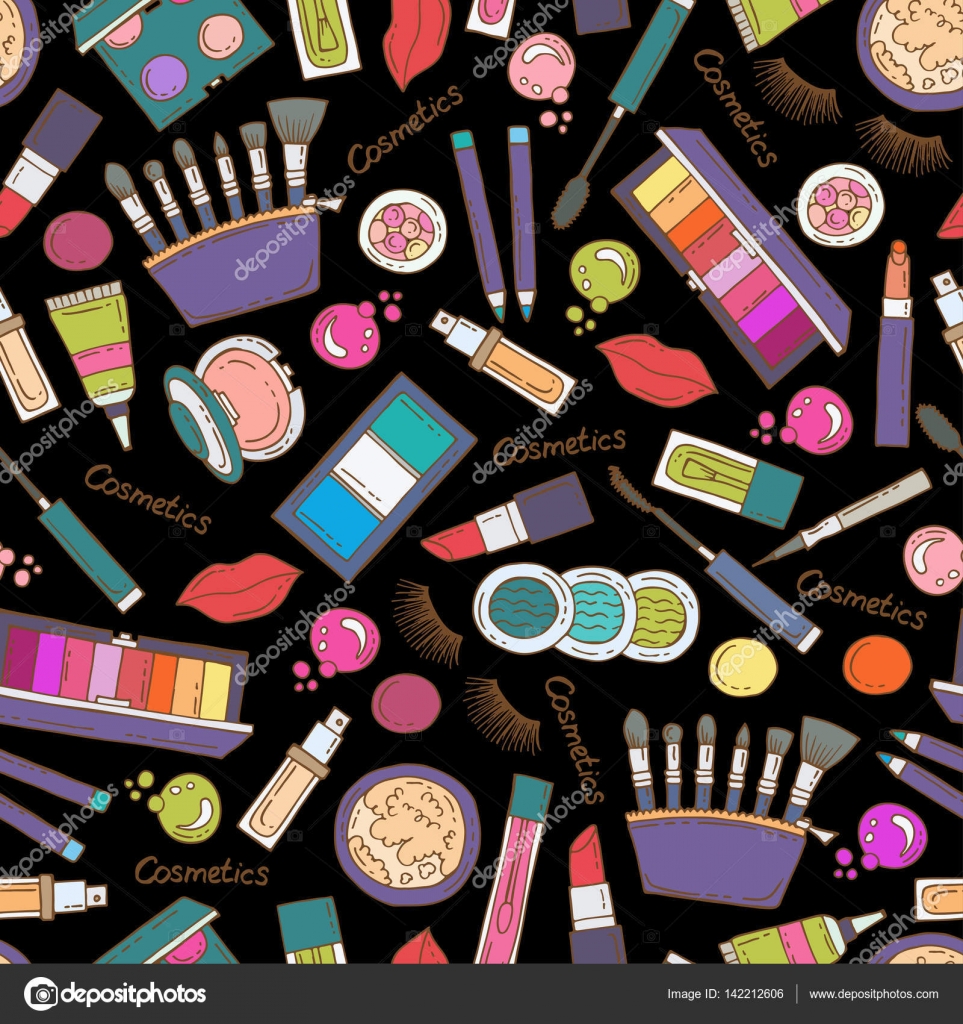 Reticolo senza giunte con la mano disegnata cosmetici colorati il colore nero Reticolo sul tema