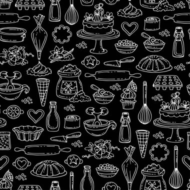 Vektör seamless modeli el ile kek üzerinde siyah renkli çizilmiş. Yemek ve mutfak konulu desen