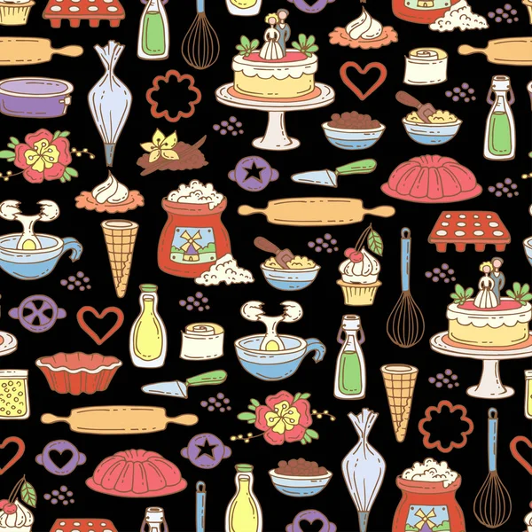 Vector seamless pattern with hand drawn colored cakes on black color. Pattern on the theme of food and kitchen — Stock Vector