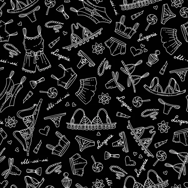 Векторный бесшовный узор с нарисованным вручную изолированным нижним бельем на черном цвете. Шаблон на тему моды и красоты — стоковый вектор