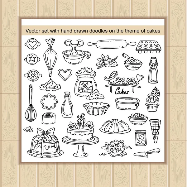 Vektor-Set mit handgezeichneten Doodles zum Thema Kuchen, Backwaren, Gebäck und Süßwaren — Stockvektor