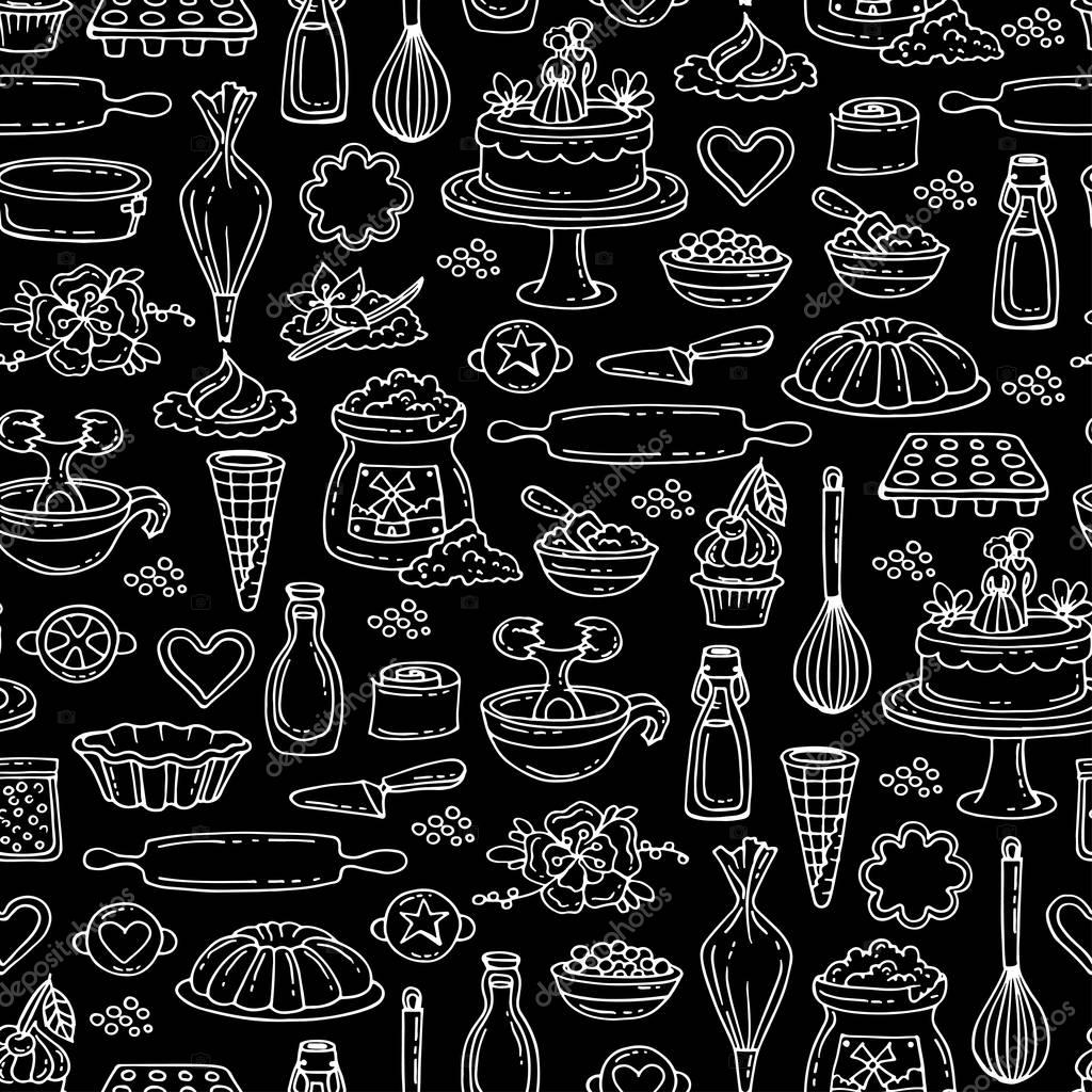 Vector seamless pattern with hand drawn cakes on black color. Pattern ...