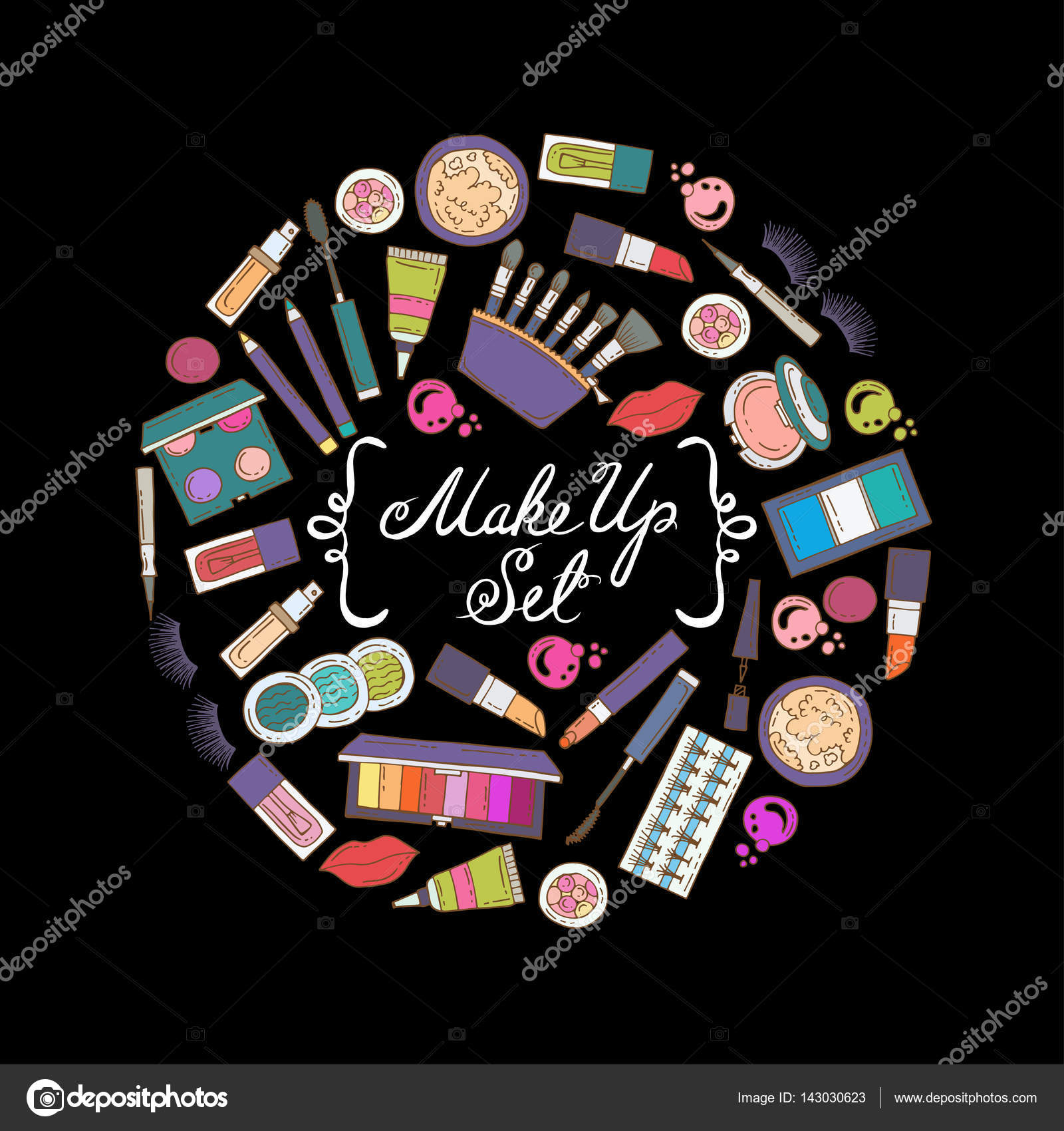 Il vettore ha impostato con la mano disegnata cosmetici colorati il colore nero Schizzo sul tema del make up moda e bellezza Priorit  bassa di vettore