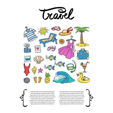 El ile kapak renkli semboller seyahat çizilmiş. İstirahat, yaz ve deniz konulu ayarla