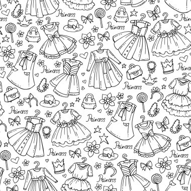 Elle çizilmiş vektör Dikişsiz desen beyaz renk kızlar için elbise. Moda, güzellik konulu desen