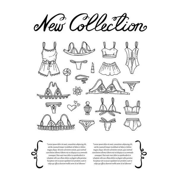Copertina con lingerie disegnata a mano. Ambientato sul tema della nuova collezione, moda e bellezza — Vettoriale Stock