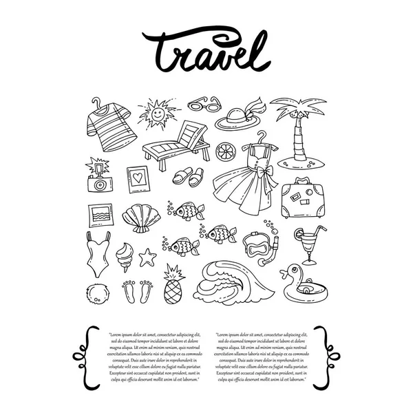 Dække med håndtegnede symboler for rejser. Set på temaet hav, sommer og rekreation – Stock-vektor