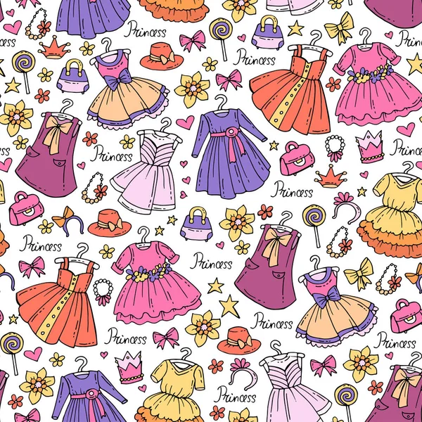 Naadloze patroon van de vector met de hand getrokken gekleurde jurken voor meisjes. Patroon op het thema van de mode, schoonheid — Stockvector