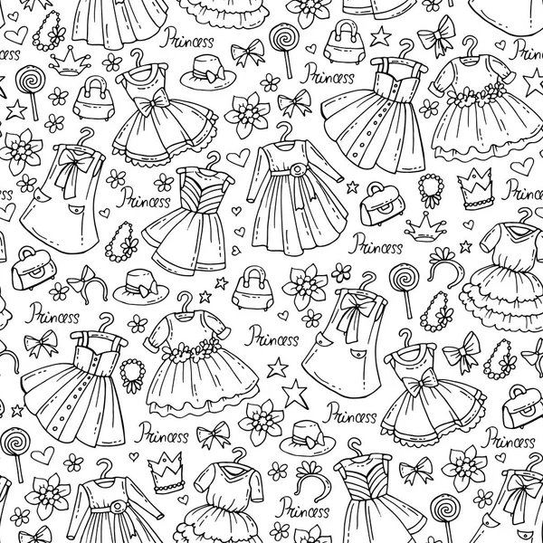 Patrón sin costura vectorial con vestidos dibujados a mano para niñas en color blanco. Patrón sobre el tema de la moda, belleza — Vector de stock