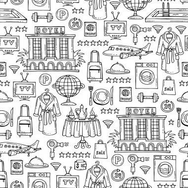 El ile desen beyaz renk otel izole sembolleri çizilmiş. Desen rekreasyon, seyahat, turizm konulu