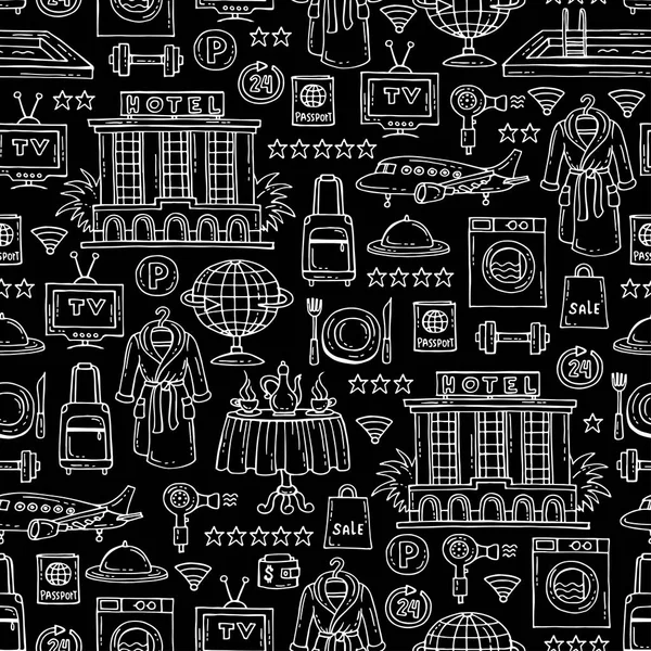 Muster mit handgezeichneten isolierten Hotelsymbolen auf schwarzer Farbe. Muster zum Thema Erholung, Reisen, Tourismus — Stockvektor