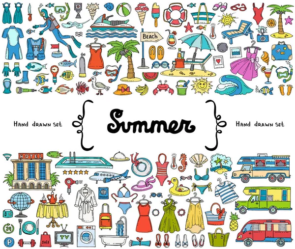 Set vettoriale con scarabocchi colorati disegnati a mano sul tema dell'estate, viaggi, turismo. Illustrazioni piatte su sfondo bianco — Vettoriale Stock