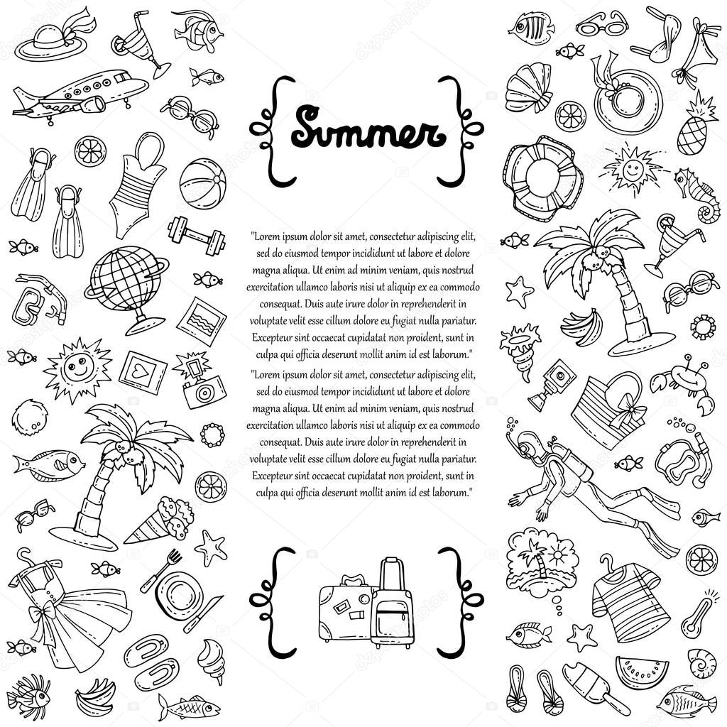 Cover with hand drawn isolated  symbols of summer on white background. Illustration on the theme of travel, tourism