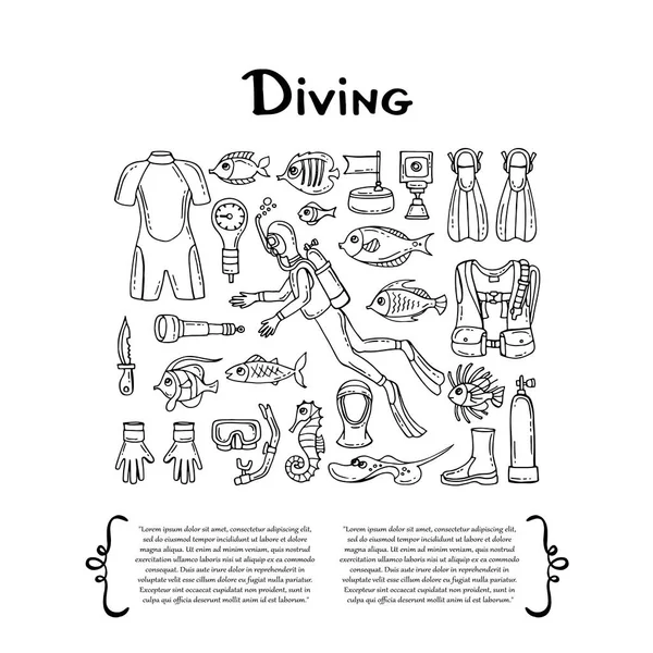Cover with hand drawn isolated symbols of diving on white background. Set on the theme of outfit, sea, travel, recreation