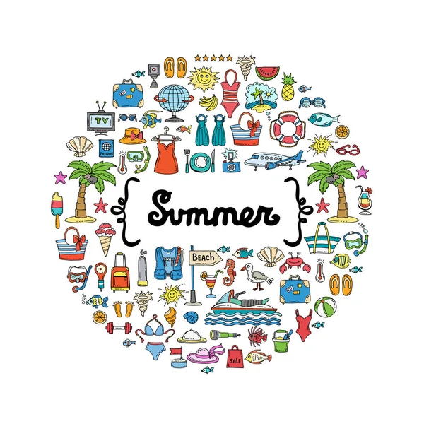 Copertina con i simboli colorati disegnati a mano dell'estate. Illustrazione sul tema della ricreazione, dei viaggi e del turismo — Vettoriale Stock