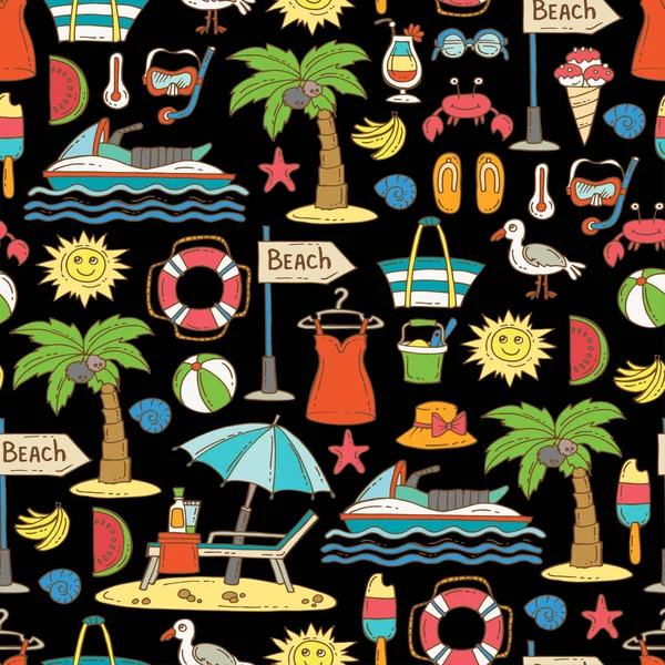 Pattern with hand drawn colored symbols of summer and beach on black color. Pattern on the theme of travel — Stock Vector