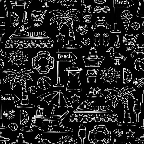 Pattern with hand drawn isolated symbols of summer and beach on black color. Pattern on the theme of travel — Stock Vector