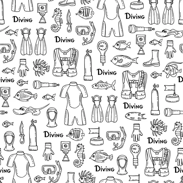 Muster mit handgezeichneten isolierten Symbolen des Tauchens auf weißer Farbe. Muster zum Thema Sommer, Reisen, Hobby — Stockvektor