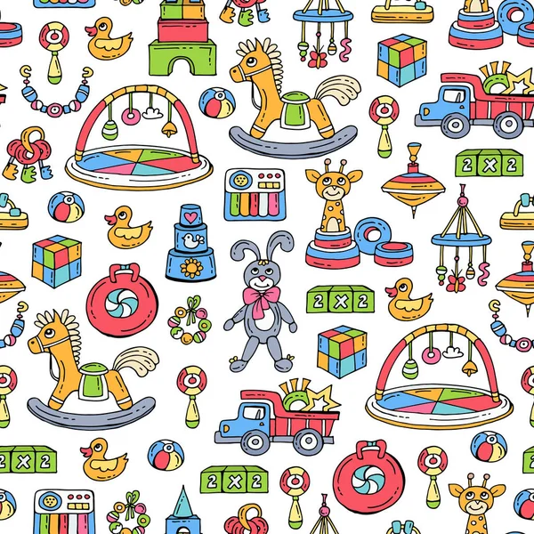 Patrón sin costura vectorial con juguetes coloreados dibujados a mano para niños y niñas. Patrón sobre el tema de los juegos para niños — Vector de stock