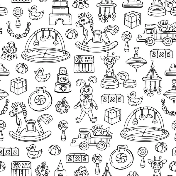 Vector seamless pattern with hand drawn isolated toys for boys, girls on white color. Pattern on the theme of games for children — Stock Vector