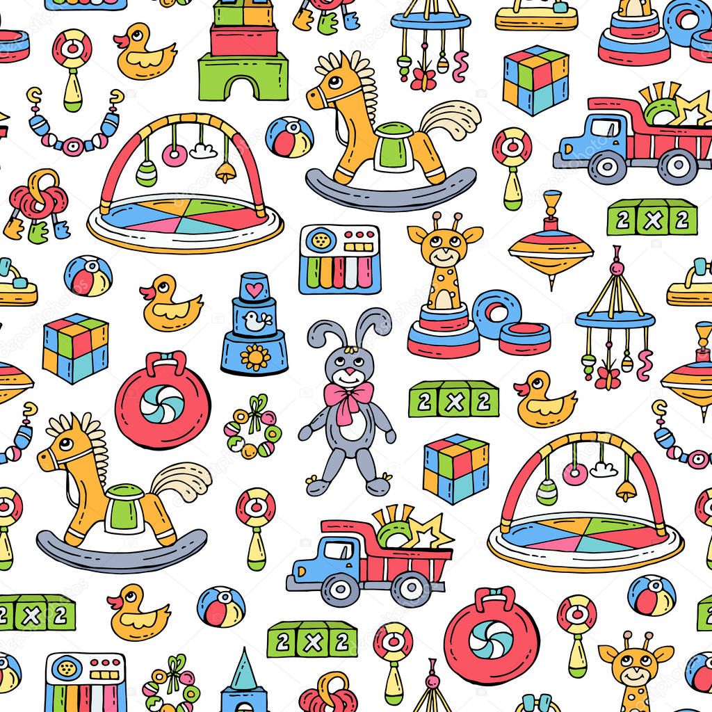 Vector seamless pattern with hand drawn colored toys for boys and girls. Pattern on the theme of games for children