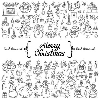 Set el ile vektör izole karalamalar Tema Merry Christmas, mutlu yeni yıl beyaz renk üzerinde çizilmiş. Çizgi film sembolleri tatil