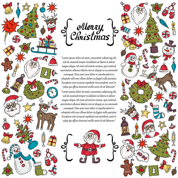 Обложка с нарисованными вручную цветными символами счастливого нового года. Иллюстрация на тему Веселого Рождества
