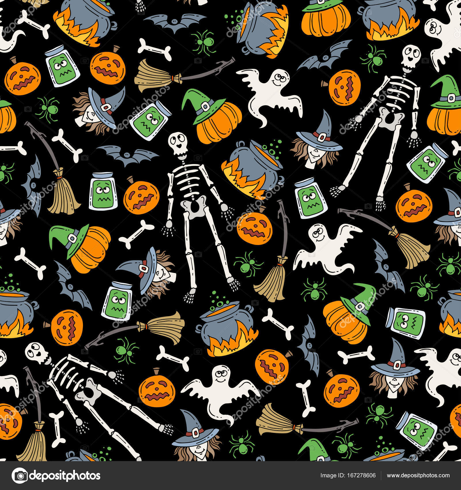 Reticolo senza giunte con la mano disegnata simboli colorati di Halloween sul colore nero — Vettoriale
