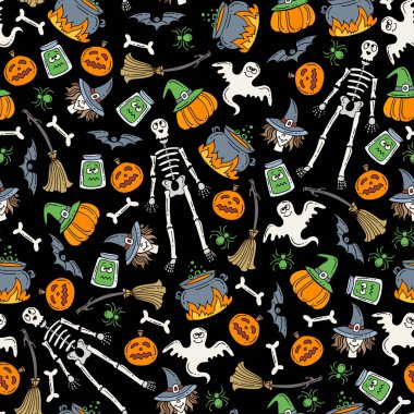 Vektör seamless modeli el ile Cadılar Bayramı renkli semboller üzerinde siyah renkli çizilmiş.