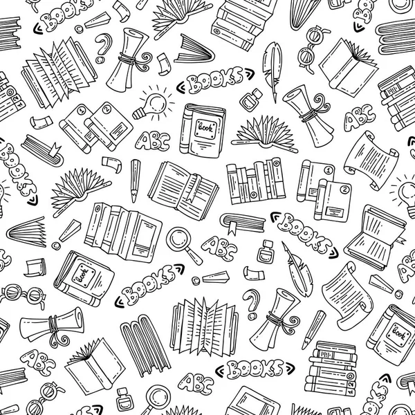 Vektör seamless modeli izole el ile kitaplar üzerinde beyaz renkli çizilmiş. Desen eğitim konulu