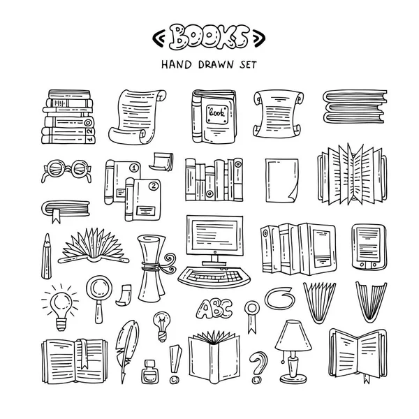 Conjunto de vetores com rabiscos isolados desenhados à mão sobre o tema de livros e educação sobre fundo branco — Vetor de Stock