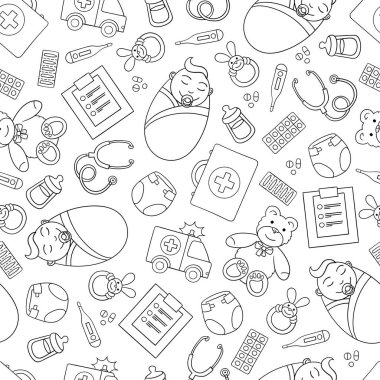 Beyaz arka planda çocuk sağlığı ve pediatri temasında kusursuz bir model var. Tıbbın Wirh desenleri