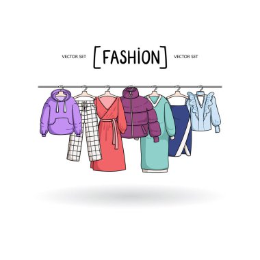 Beyaz arka planda askısı olan kadınlar için giysi örnekleri. Tasarımda kullanılacak güzellik ve moda teması