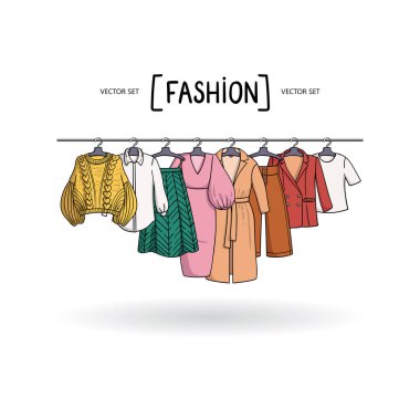 Beyaz arka planda askısı olan kadınlar için moda kıyafetleri olan vektör illüstrasyonu. Tasarımda kullanılacak güzellik ve moda teması