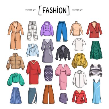 Beyaz arka planda izole edilmiş kadın kıyafetleri karalaması olan bir vektör seti. Güzellik ve moda temasını kur