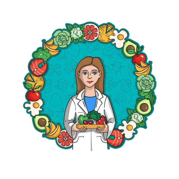 Cartaz Colorido Vetorial Com Símbolos Nutrição Saúde Nutricionista Oferecendo Boa — Vetor de Stock