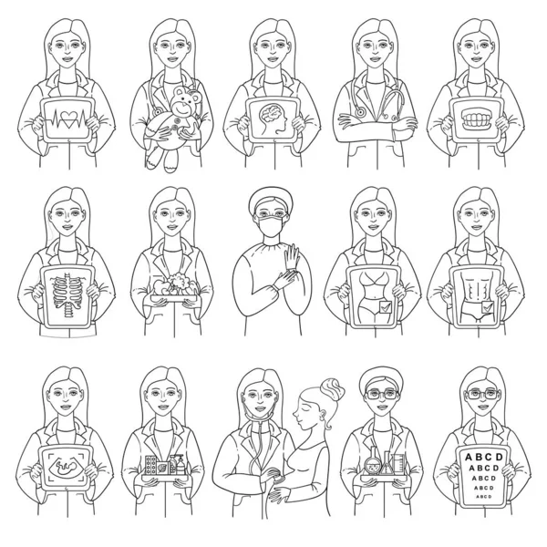 Conjunto Vetorial Personagens Avatar Médico Ícones Isolados Médico Mulher Fundo — Vetor de Stock