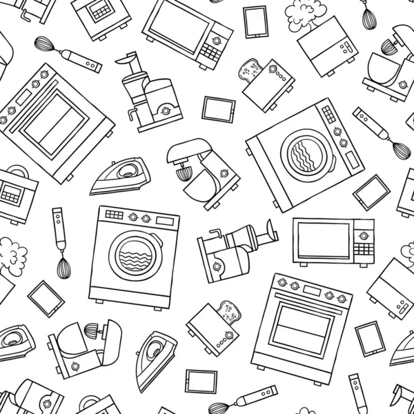 Vector Seamless Pattern Home Appliances Electronics Kitchen Quipment White Background — ストックベクタ