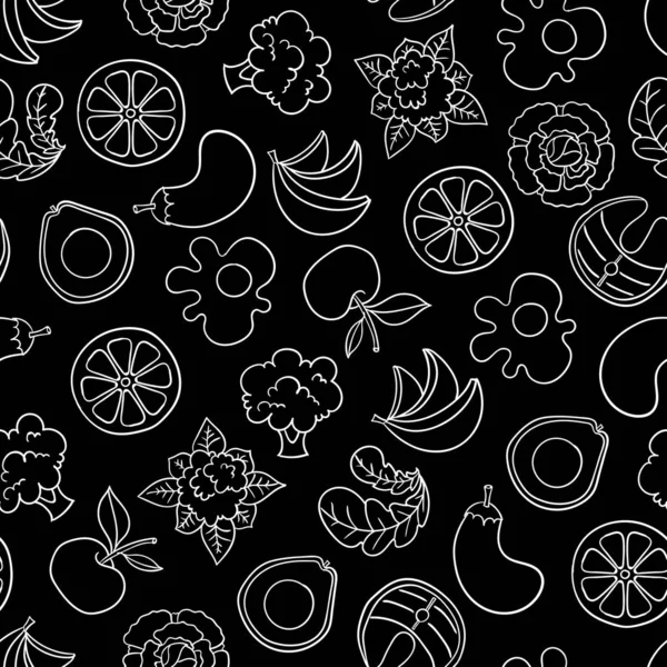 Векторный Бесшовный Рисунок Правильным Питанием Черном Фоне Паштет Фруктов Овощей — стоковый вектор