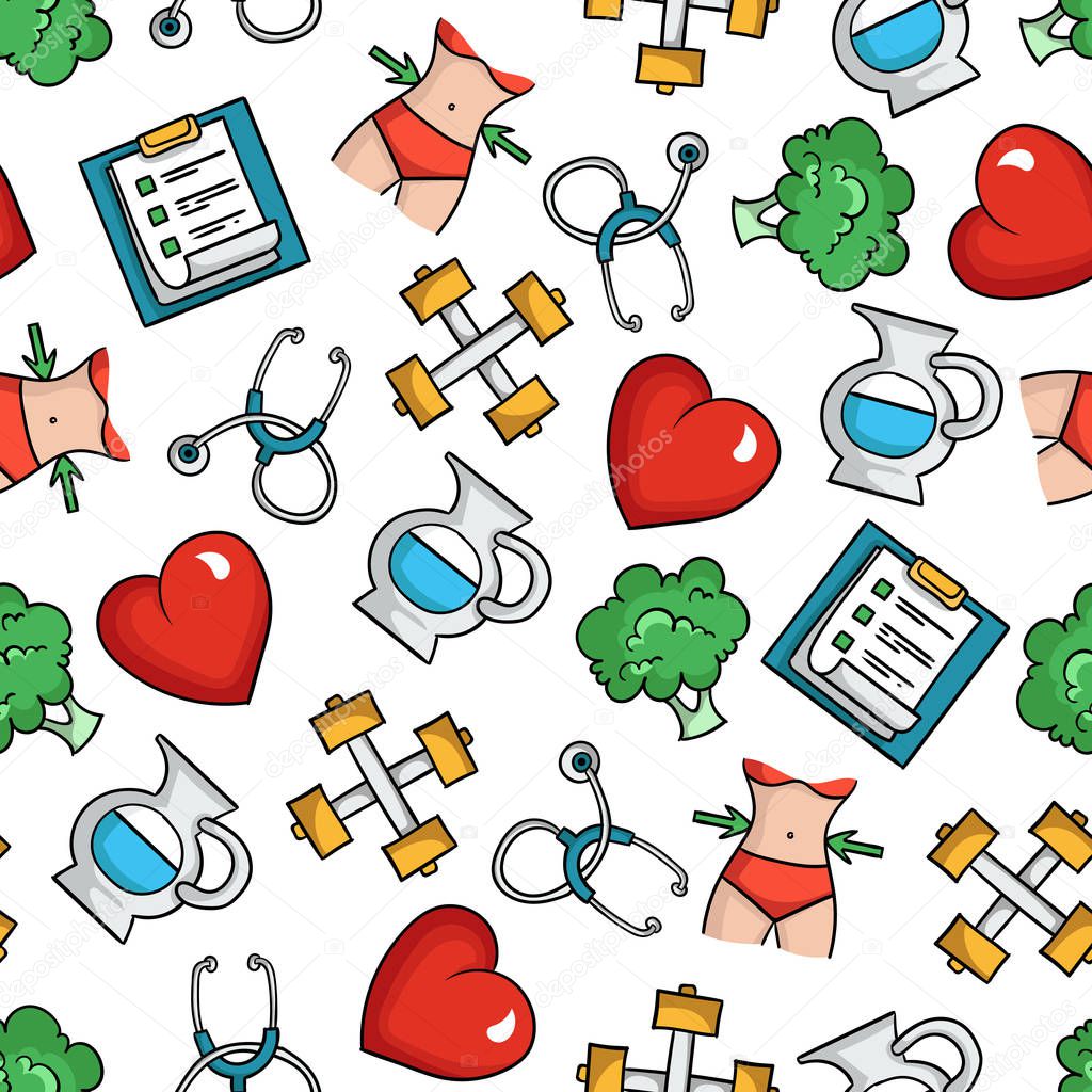 Vector seamless pattern with colored symbols of nutrition and health on white background. Weight loss