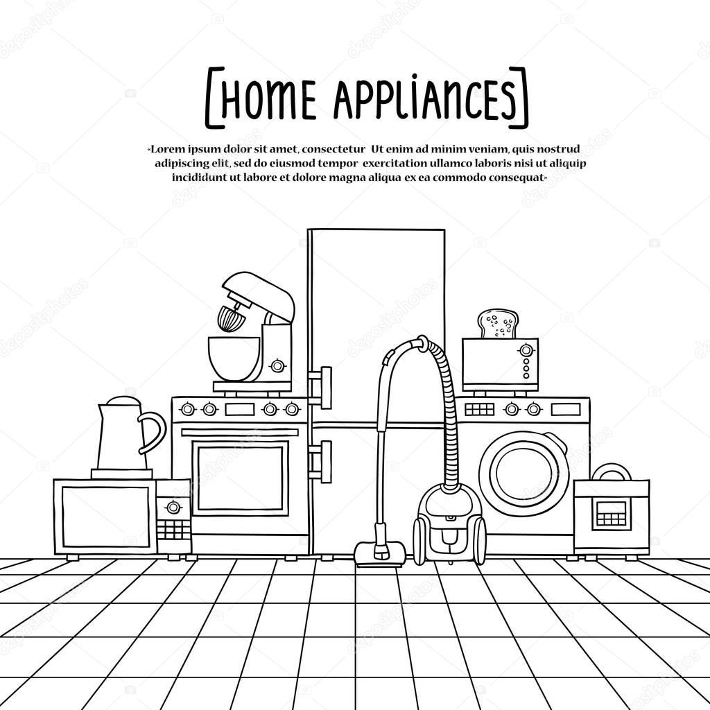 Vector set with isolated doodles of home appliances and electronics on white color. Home equipment