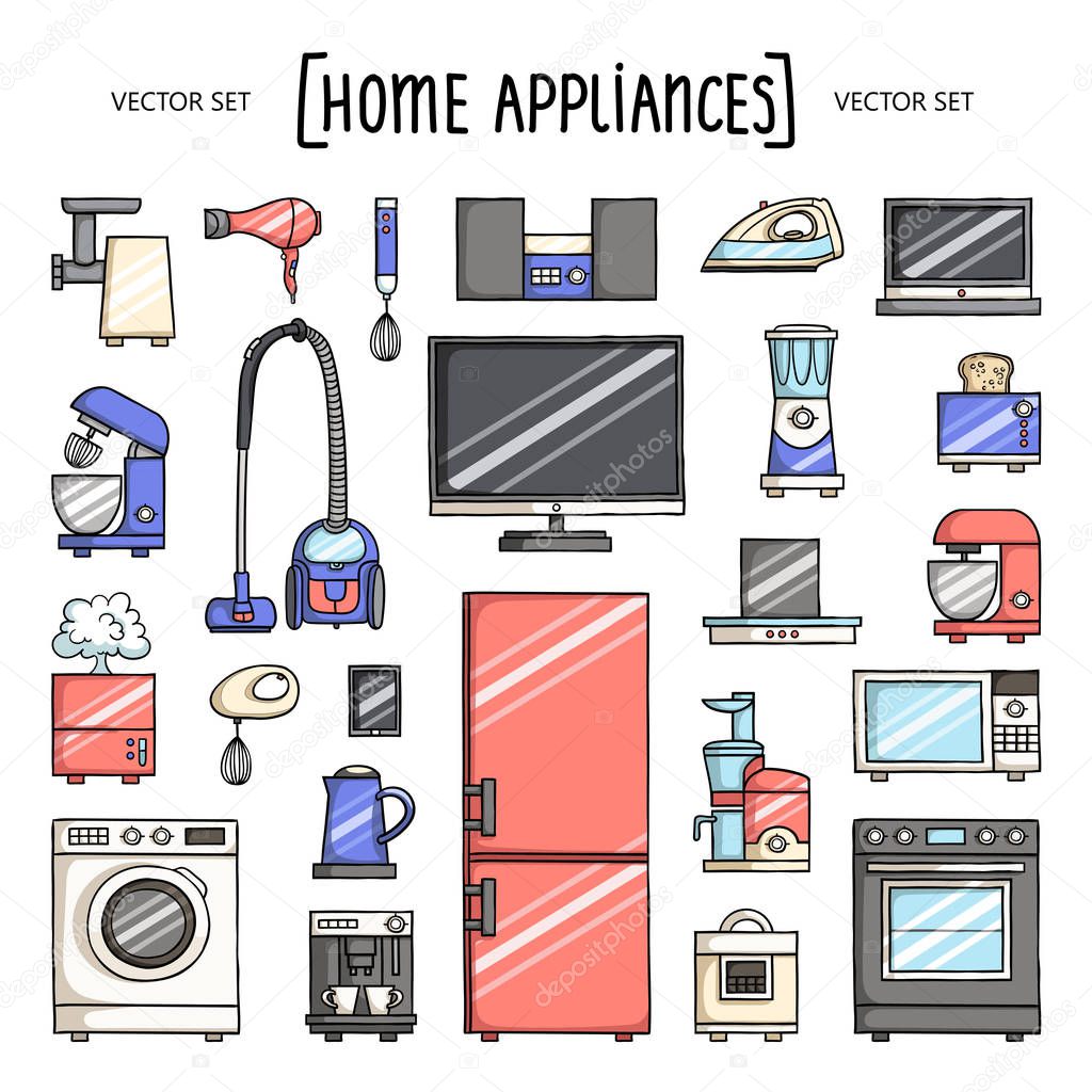 Vector set with isolated colored doodles of home appliances and electronics on white color. Home equipment