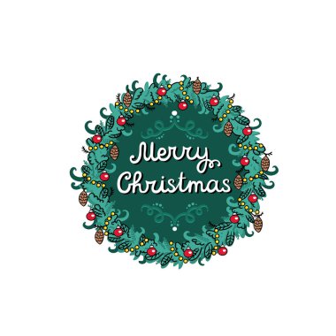 Mutlu Yıllar ve Mutlu Noeller temalı renkli bir poster. Noel oyuncakları ve konileri ile dekoratif çerçeve