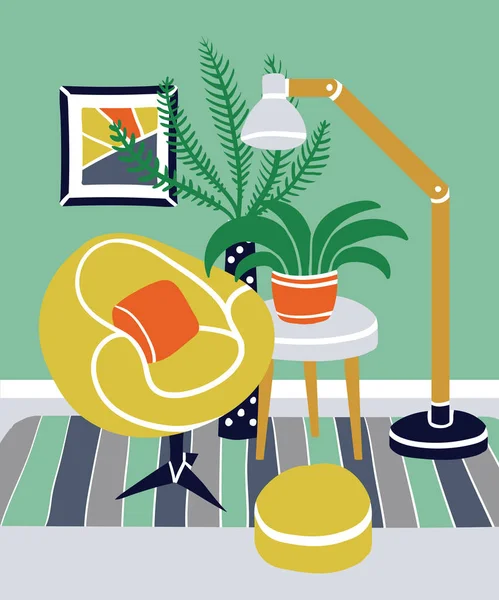 Vektor Handgezeichnete Illustration Zum Thema Wohnraumgestaltung Wohnzimmermöbel Sessel Tisch Stehlampe — Stockvektor