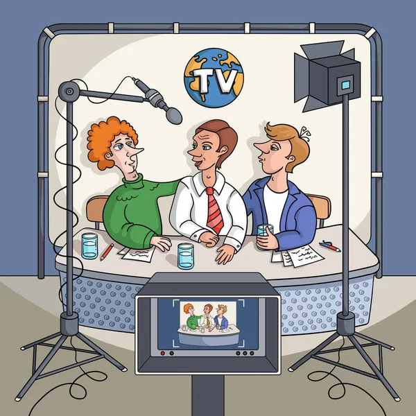 テレビインタビュー ライブチャット テレビニュースのテーマにベクトル漫画のイラスト 男性はテーブルに座ってテレビスタジオで話題を議論する — ストックベクタ