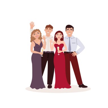 Beyaz arka planda şarap kadehleriyle gülen insanlardan oluşan izole bir grup. Kutlama ve parti teması, moda ve güzellik üzerine vektör illüstrasyon. Gece elbiseli kadınlar ve resmi giysili erkekler