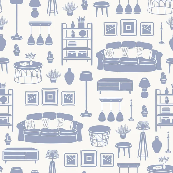 Vector Seamless Pattern Isolated Silhouettes Living Room Furniture Houseplants Beige — 图库矢量图片