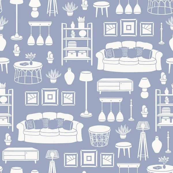 Vector Seamless Pattern Isolated Silhouettes Living Room Furniture Houseplants Gray — 图库矢量图片